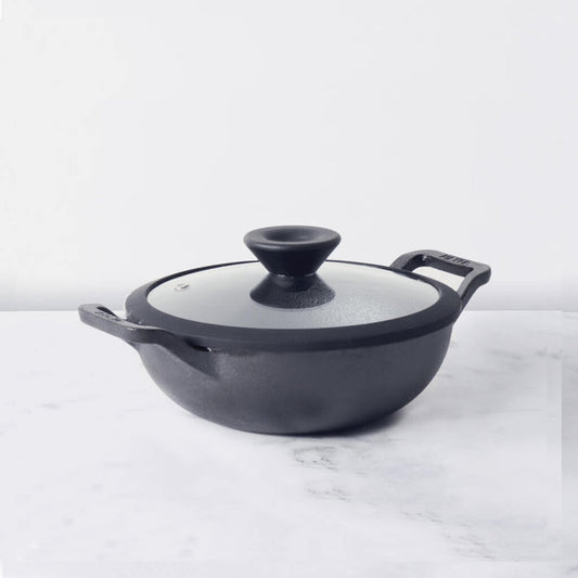 Meyer Pre Seasoned Cast Iron shallow Kadai With Glass Lid