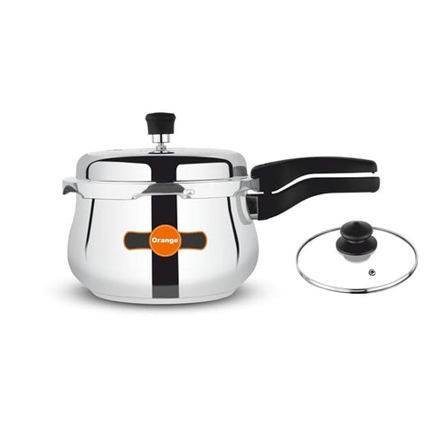 Orange Triply Stainless Steel Outer Lid Handi 1.5 liter Pressure Cooker With Glass Lid | Induction Friendly | 5 Year Warranty| Multi Use | Silver