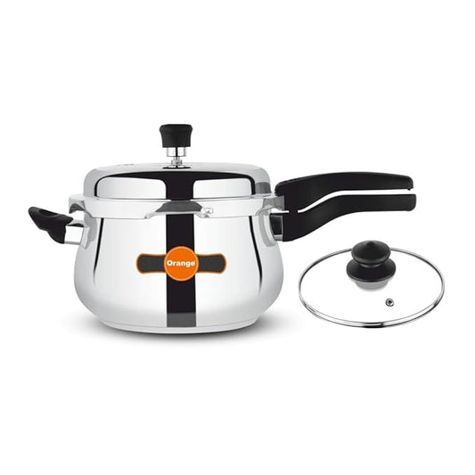 Orange Triply Stainless Steel Handi 3.5L Outer Lid Pressure Cooker with Toughned Sturdy Glass lid | Induction & Gas Compatible | Silver