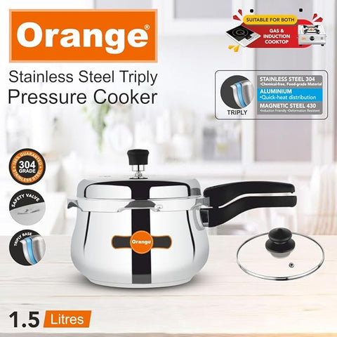 Orange Triply Stainless Steel Outer Lid Handi 1.5 liter Pressure Cooker With Glass Lid | Induction Friendly | 5 Year Warranty| Multi Use | Silver