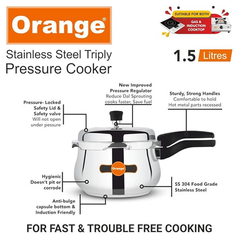 Orange Triply Stainless Steel Outer Lid Handi 1.5 liter Pressure Cooker With Glass Lid | Induction Friendly | 5 Year Warranty| Multi Use | Silver