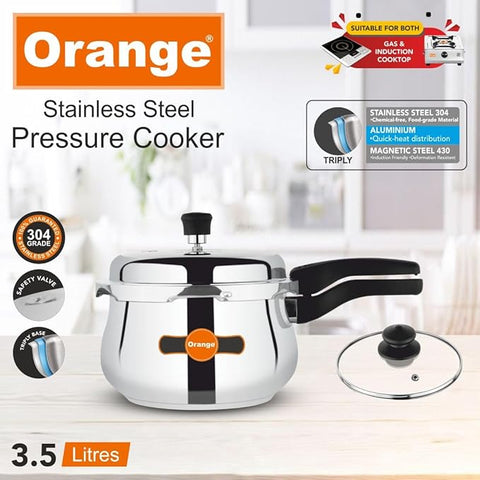 Orange Triply Stainless Steel Handi 3.5L Outer Lid Pressure Cooker with Toughned Sturdy Glass lid | Induction & Gas Compatible | Silver