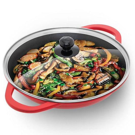 Hawkins Shallow Kadhai, Die Cast Non Stick Frying Pan with Glass Lid