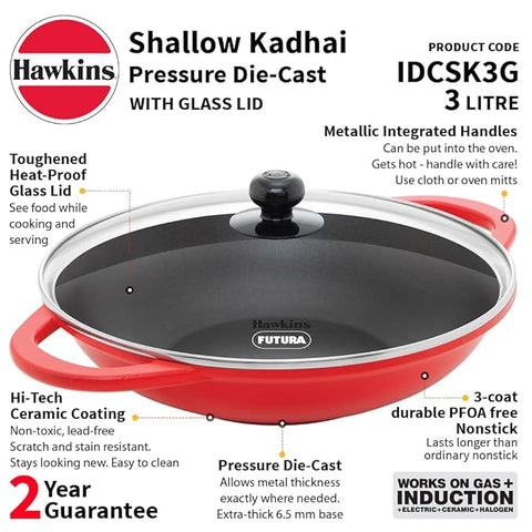 Hawkins Shallow Kadhai, Die Cast Non Stick Frying Pan with Glass Lid