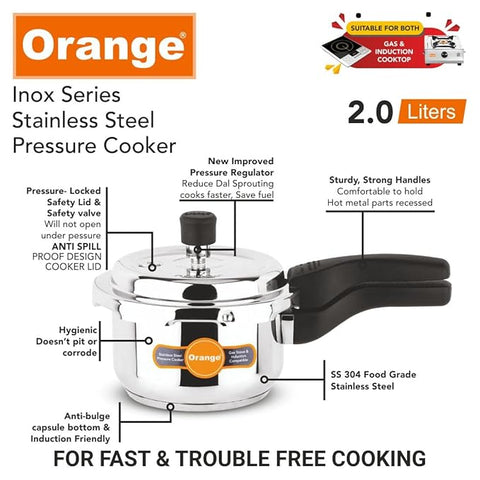 Orange Inox Series Stainless Steel Outer Lid Pressure Cooker | With Strong Sturdy Handle 2.0L | Induction & Gas Based | 5 Year Warranty | Steel Color