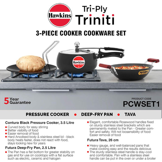 Hawkins Triniti Kitchen Set (Tava, Deep-Fry Pan, Inner Lid Pressure Cooker)