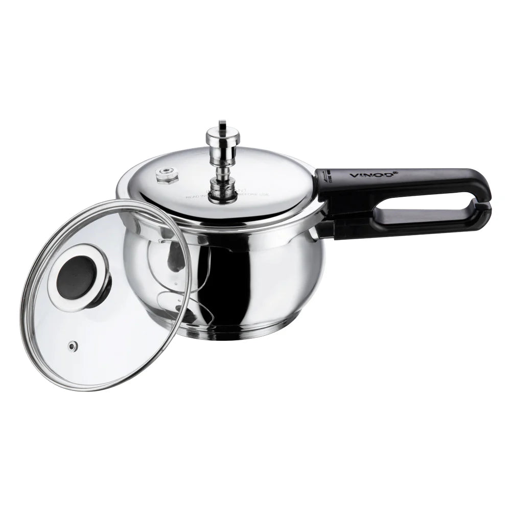 Vinod 18/8 Stainless Steel Splendid Plus Pressure Cooker [with Extra Glass Lid]